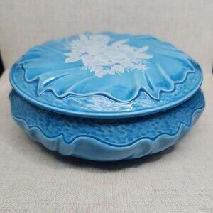 Vintage Blue & White Ceramic Round Trinket Bowl w/ Lid, White Flowers, 7.5" dia